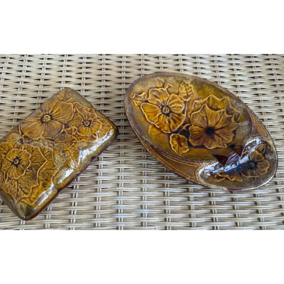 Vintage MCM California Pottery Ashtray Cigarette Box Set Brown Gold Floral - Picture 1 of 15